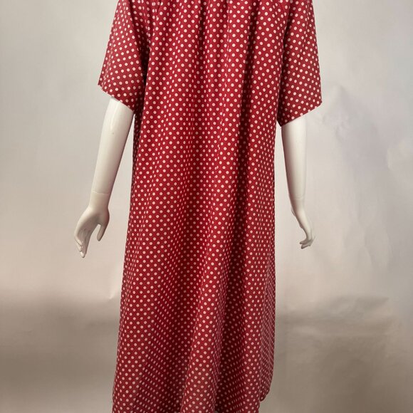 Vintage 1950s Red & White Polka Dot Button-Up House Dress With Short Sleeves - Picture 2 of 16